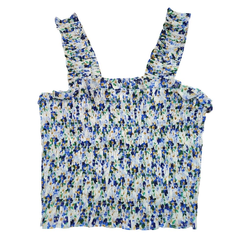 Veronica Beard Averie Printed Smocked Cropped Tank Top Blue Size XS